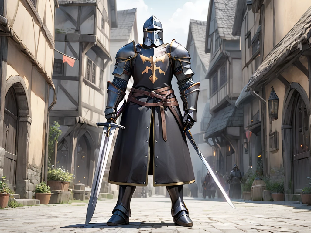 man, Holy Knight, Black Armor, Heavy Armor Handheld Giant Sword,  Background Village Center , Full Body View , man,  Very detailed,  high detail