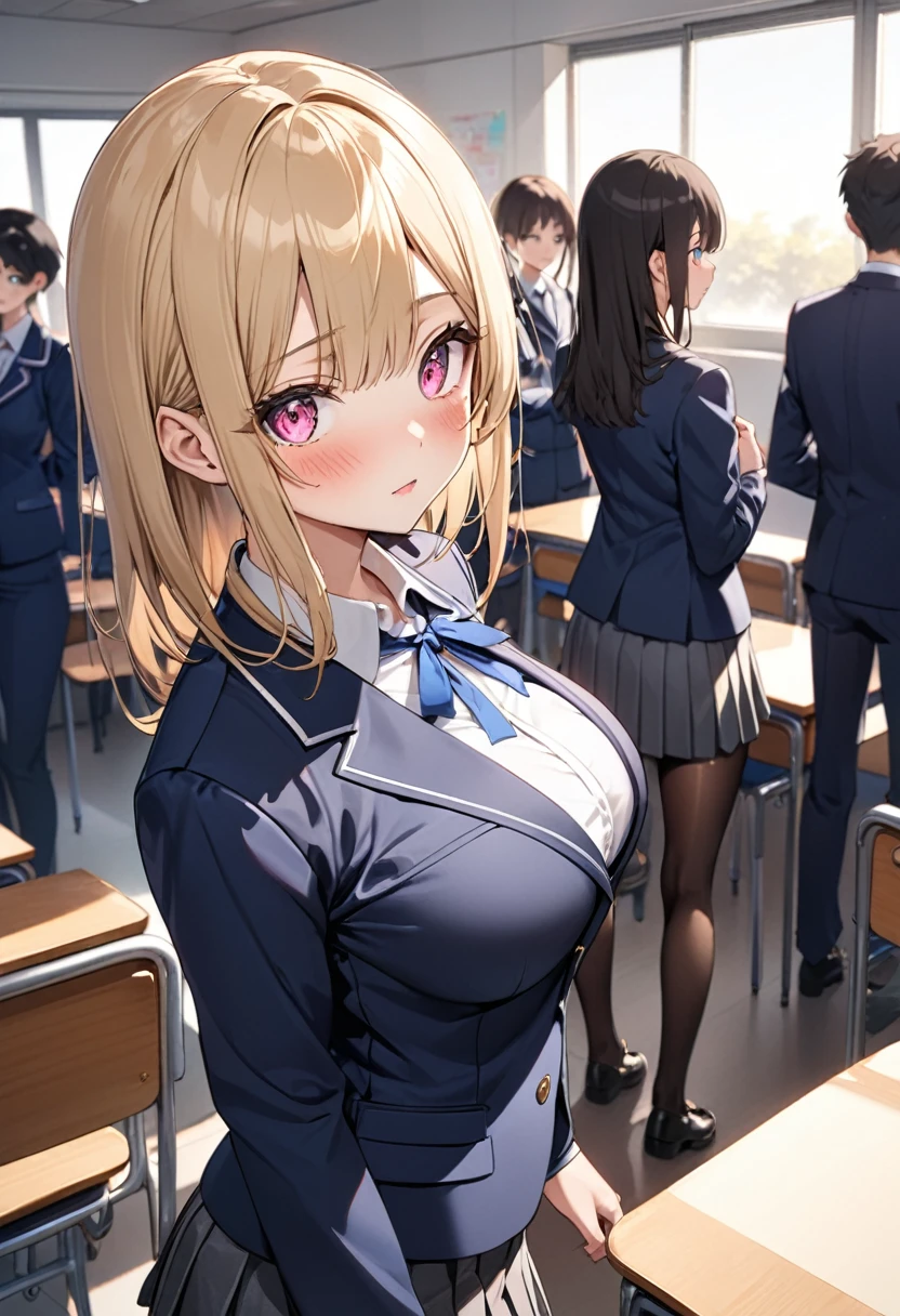 masterpiece, highest quality, 8k, Young and beautiful girl, Baby Face、?????????? 、((???????????:1.3)), photo shoot, Cute Face, Thighs, Classroom after school,  Embarrassing、smile、No makeup, 10 generations, Detailed face, Background blur、((((((10 years old))))))、Tight waist、whole body, ((Up Leg:1.3))