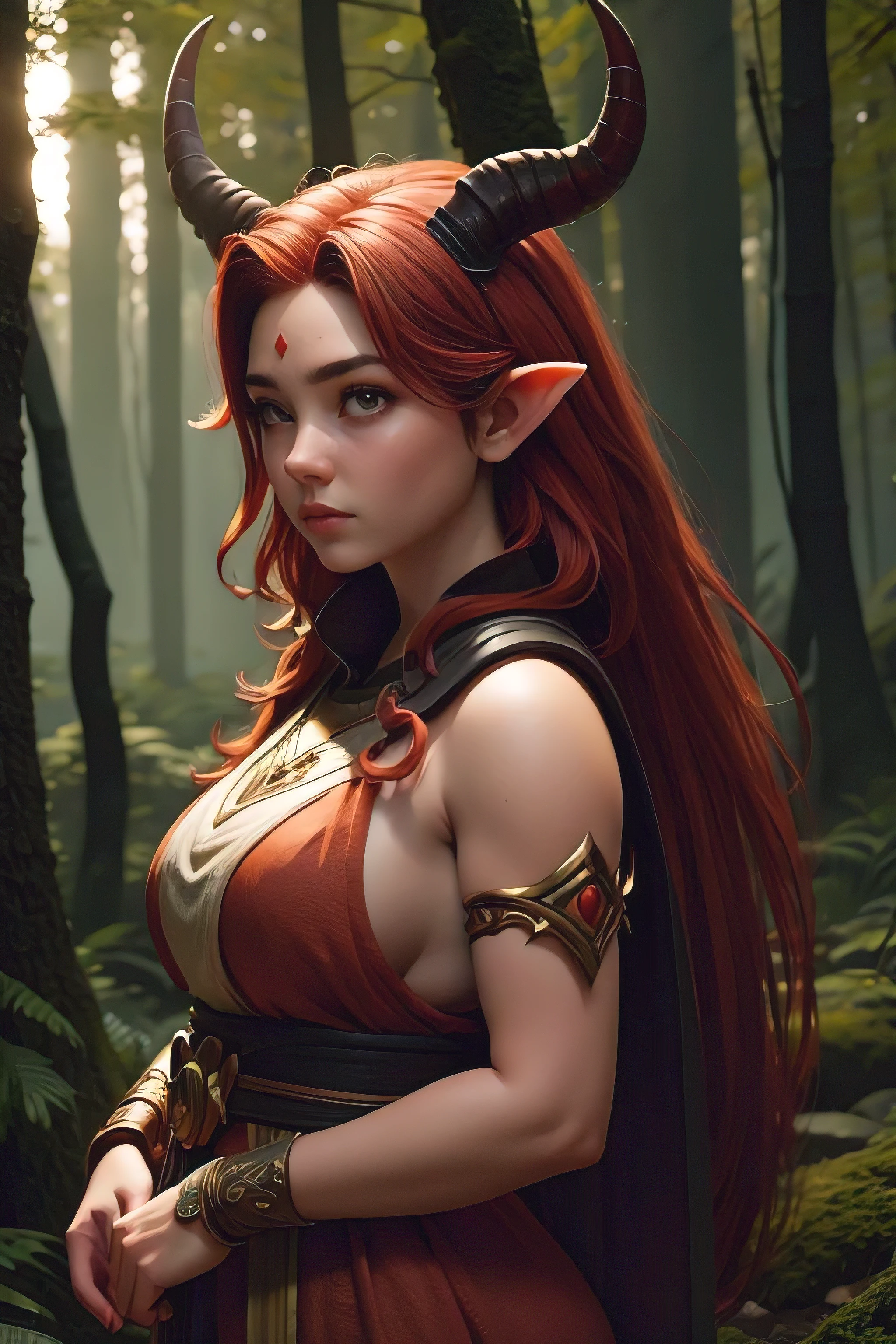 1European woman,30 years old,((Oni Horns)),curvy hair,orange-red hair,green eyes,wearing a druid tunic, guarding the forest, (background: Fairy Forest),Conceptual art,UHD,masterpiece,anatomically correct,high details,super detail,high quality,highres,4K,8k