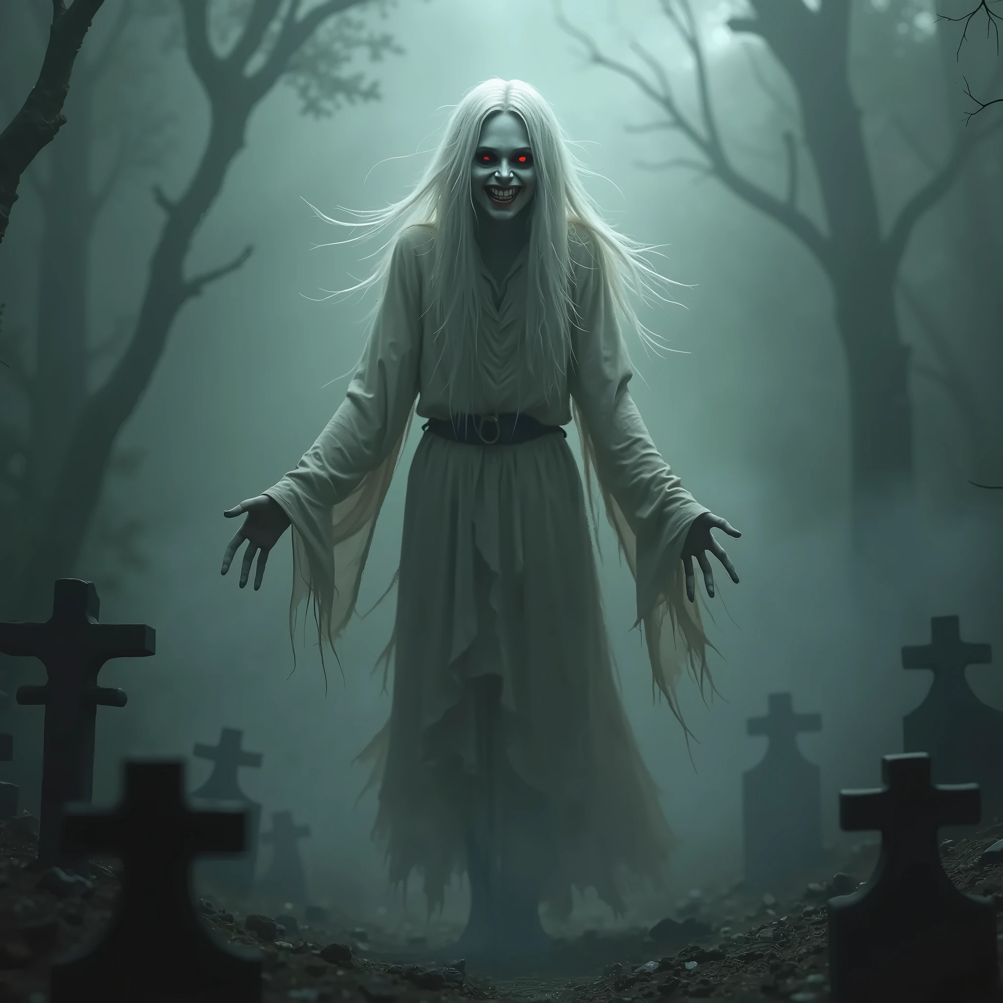 Create for me a horror photo of a female ghost with a scary face in a dark and macabre cemetery at night (The cemetery is dark and foggy)
