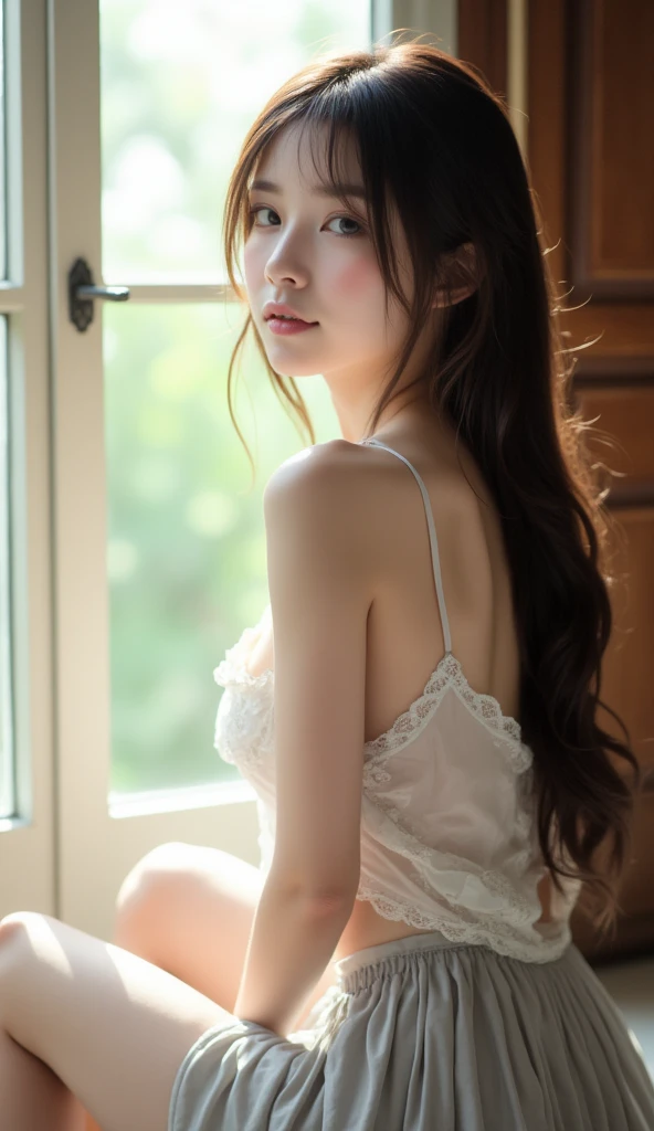 A beautiful East-Asian slender woman, long dark hair, looking over her shoulder, soft smile, wearing a white blouse with lace details and a light grey skirt with vertical stripes, sitting by a window with sunlight streaming in, soft and natural lighting, calm and serene atmosphere.