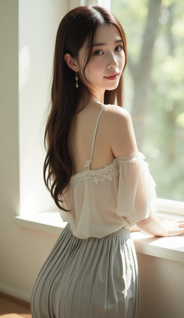 high definition symmetrical image, (round face), drooping eyes, eyes realistic sizing, unbuttoned lacy see-through casual dress, bag, hip, red hair), (standing and spread legs), ecstasy face, braid, (Japanese garden), (showing off her (transparent lacy panties) and public hair), earrings, 