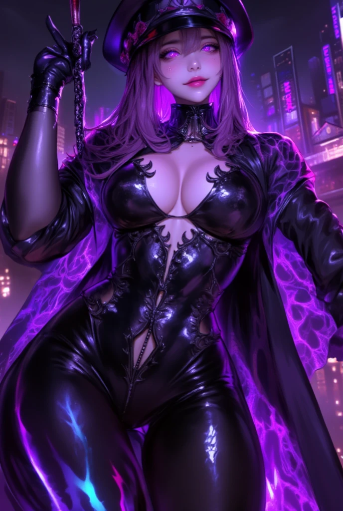  mature beautiful woman ,(Best Quality, Extremely Detailed Description , Incredibly Absurd High Resolution, Sharp Teeth Like a Beast ,Curvy Legs,Detailed pupil, Pottery Skin ,High quality anime drawings:2.0),(Female executive of an evil organization:2.3),(Black latex military costume:1.5, shiny black bondage dress with an intricate structure:2.0,military hat,Military cloak,Costume mask,Leather thigh-high boots, Long Grove ,Leather Choker, black tights),eyelash, eyeshadow,(Glowing purple eyes,Crazy Eyes:2.0, Half Closed :2.0, big chest, wicked smile:2.3,Shiny purple lips,Shadowed face,Seductive gestures,holding a whip in his hand:2.0),whole body, is opening its mouth,From below:2.0