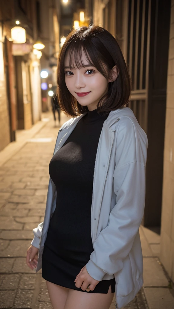Tabletop, Highest quality, Ultra-high resolution,(Realistic:1.4) (Written boundary depth),(Lens Glow) ,1, white Jacket、White half-nasi:1.4, People in the background、night city, Japanese people women:1.3、short hair, A shy smile、mouth half open、Overchange、Tight black leather Skirt:1.5、Sexy thighs:1.5、Healthy body shape、Beautiful bare legs、Rough skin、Full Body Shot、Cleavage、、Fair skin、Multiple moles、Sensational panties:1.5、blush:1.5、Shooting from below、little fat, short height