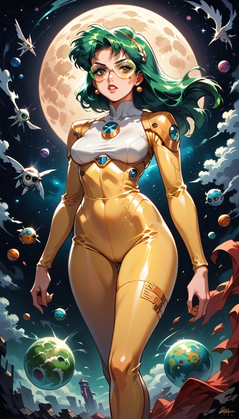  stuffy image of a woman wearing gold tights and white tights,long green hair, futuristic glasses, attack pose, moon background, Galaxy, A space adventure Stephen Hickman- Translation ,  beautiful retro art ,  presented in the CGSociety style, Cirilo Leonov , por Jason A. English, Barbarela  