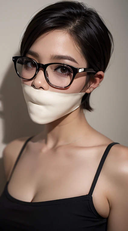 Gag, angry, glasses, short hair, busty