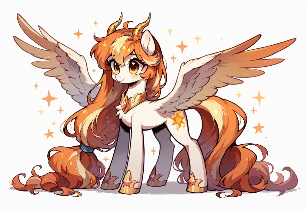 Create a cute 《My Little Pony》Role，Female celestial horns ，Very tall ，Wings and unicorns ，Princess，Light platinum fur ， has long, flowing orange hair with a touch of gold，Hairstyles similar to Kiana， golden eyes ， Wings and toes have gold edges， five-pointed star pattern that looks strong ，Full body picture， pure white background。