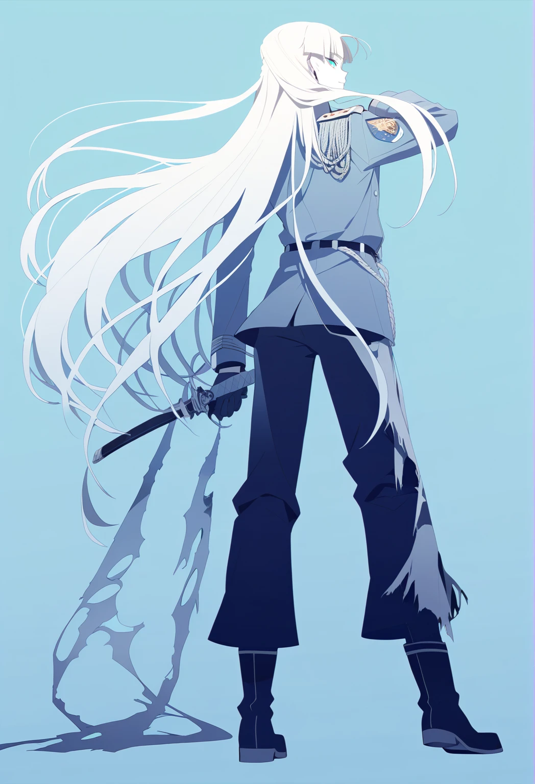 Full height, full body, blue theme, color trace, white background,simple background,  oamhfs , simple background,monochrome, Alone,1boy,  extra long hair ,  Loose hair , Bangs stabbed back , diagonal bangs, strand of hair,  hair combed back , Hair pulled back,  blond hair ,  blue eyes , white pupils, military jacket , belt,  wide black pants , boots,  small torn wings