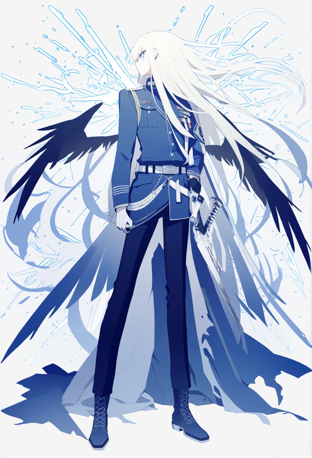 Full height, full body, blue theme, color trace, white background,simple background,  oamhfs , simple background,monochrome, Alone,1boy,  extra long hair ,  Loose hair , Bangs stabbed back , diagonal bangs, strand of hair,  hair combed back , Hair pulled back,  blond hair ,  blue eyes , white pupils, military jacket , belt,  wide black pants , boots,  small torn wings