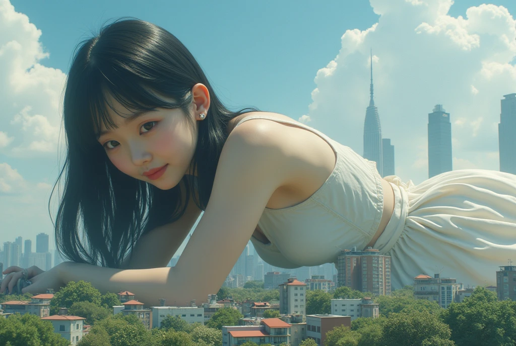 ((highest quality)), ((8K)), ((masterpiece: 1.3)), (Perfect appearance), (Photorealism: 1.6), (Ultra high definition), (Skyscraper rooftop: 1.4), (An exposed rooftop with no handrails or waist-high walls: 1.8), (ビルの縁に立つJapanese Mature: 1.8), (Standing on the edge of the corner of the roof of a building: 1.8), (Standing facing the outside of a building: 1.8), (Focus on the female figure: 1.4), (The woman has a cityscape in front of her: 1.4), (The rooftop floor is visible behind the woman.: 1.4), (A female figure in the center: 1.4), (The woman&#39;s eyes are fixed on the distant streetscape: 1.4), (Drone footage of a woman looking from above, diagonally to the right: 1.8), (60 years old, Japanese Mature), ((Realistic skin texture)), ((Realistic skin texture)), (Fine lines all over the skin), (Dull skin), (Facial wrinkles), (Wrinkles around the eyes), double eyelid, Tear bags under the eyelids, (My eyes are fixed on the streetscape beneath my feet: 1.2), (Short bangs: 1.2), (Long Hair: 1.6), (Her long hair is blown about by the strong wind: 1.4), (Soft fabric blouse: 1.2), (Flared long skirt: 1.2), (Blouse and skirt blowing in the wind: 1.4), (High heels: 1.2),