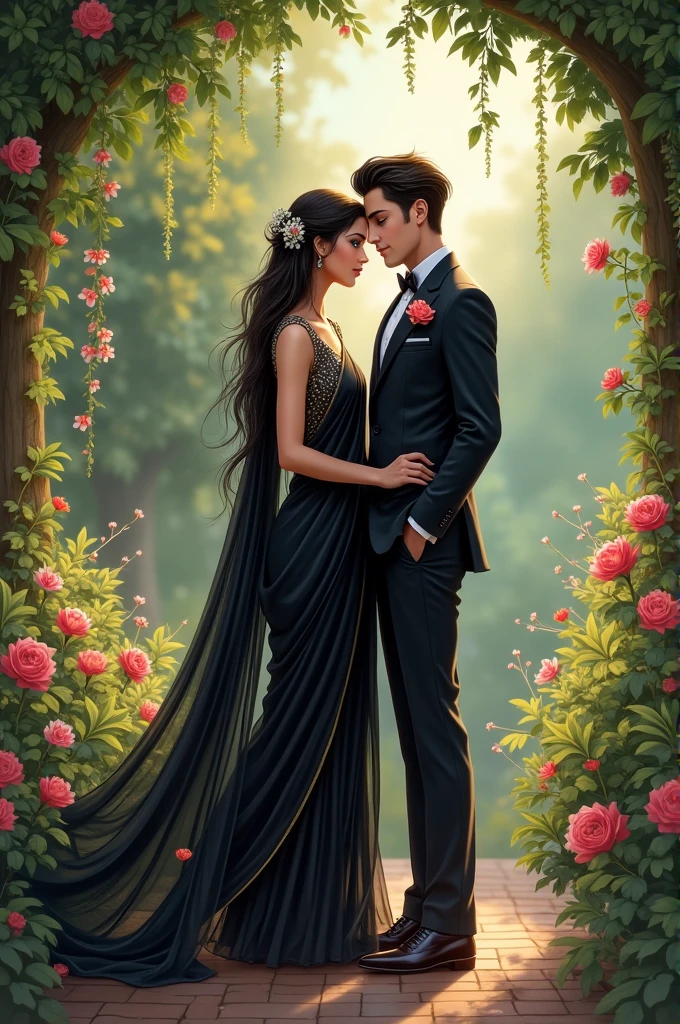 araffe couple in a rose garden with roses and a pergol, 2019 trending photo, with dark grey hair, shooting pose, kyza saleem, warm colors advance, influencer, widescreen shot, various seducing poses, color grading, winter season, from left, cinema still, adreas rocha, labile temper, cute pose