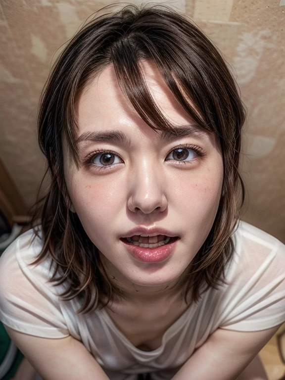 (realistic, photo-realistic:1.4), (master piece, best quality), high resolution, extremely detailed, intricate details, sharp focus, solo focus, 1girl, a Japanese actress, (pov, face focus, close-up of face, from above, fully open mouth, urine full of mouth, pissmouth:1.2), detailed face, detailed eyes, sophisticated nose, pale skin, fine-textured skin, t-shirt, skirt, simple background, Yui Aragaki,