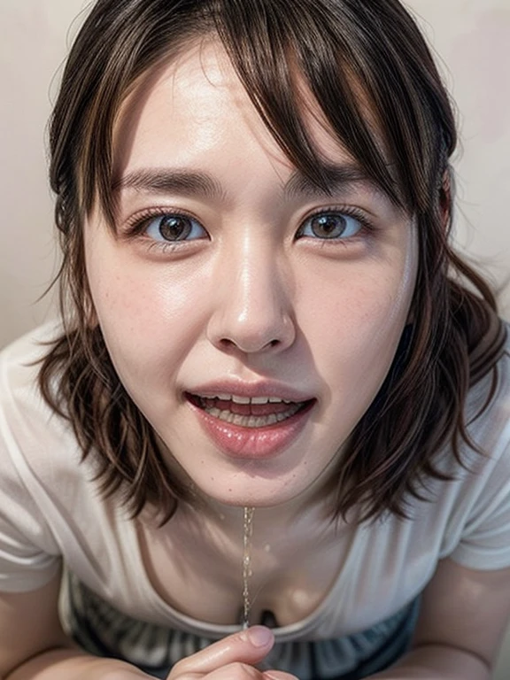 (realistic, photo-realistic:1.4), (master piece, best quality), high resolution, extremely detailed, intricate details, sharp focus, solo focus, 1girl, a Japanese actress, (pov, face focus, close-up of face, from above, fully open mouth, urine full of mouth, pissmouth:1.2), detailed face, detailed eyes, sophisticated nose, pale skin, fine-textured skin, t-shirt, skirt, simple background, Yui Aragaki,