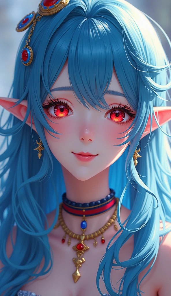 moody lighting, cute girl, (platinum blue hair), ((very long hair)), perfect face, innocent smile, (red eyes), (naked), (petite), (slender), ((tiny chest)), ((18 years old)), skindentation, extreme detail, attractive oval face, black lipstick, pink nipples, glossy skin, detailed hair, face focus, close-up chest, gold ornamental necklace, earrings, (1 girl), blush, embarrassed expression, elf ears,