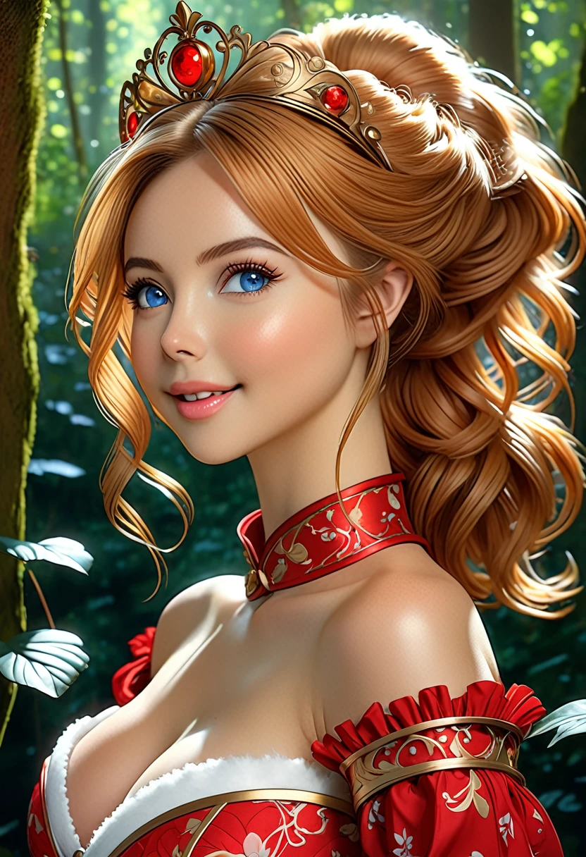 the overall theme and style should feel like. a hybrid of fairytale and Science Fiction. extremely beautiful model, female, long blonde hair, perky breasts, cleavage,, oppulentform fitting hooped skirt, red corset, large exagerated extravagant tiara. Wide Smile, Eyes Detailed & Wide, sexy Pose. Ultra HD, Rococo-Inspired Fantasy Art With Intricate Details. Cute, Charming Expression, Alluring-Gaze, looking at viewer Beautiful Eyes, An-Ideal-Figure. Large Youthful Well-Shaped-Breasts, Attractive ass showcased. Massive-Round-Bosom, Décolletage. slim waist, fit body, full lipsWarm lights , woman in a dreamy forest at night, with fluffy hair, delicate face, realistic, real, slim, large aperture, sexy shots, attractive poses,Stunnin gly beautiful merge of Ana De Armas, Sydney and Molly Quinn. symmetrical face, photorealistic, photography, path tracing, specular lighting, volumetric face light, path traced hairmaximum quality{(masutepiece) (8K High Resolution) (top-quality)
