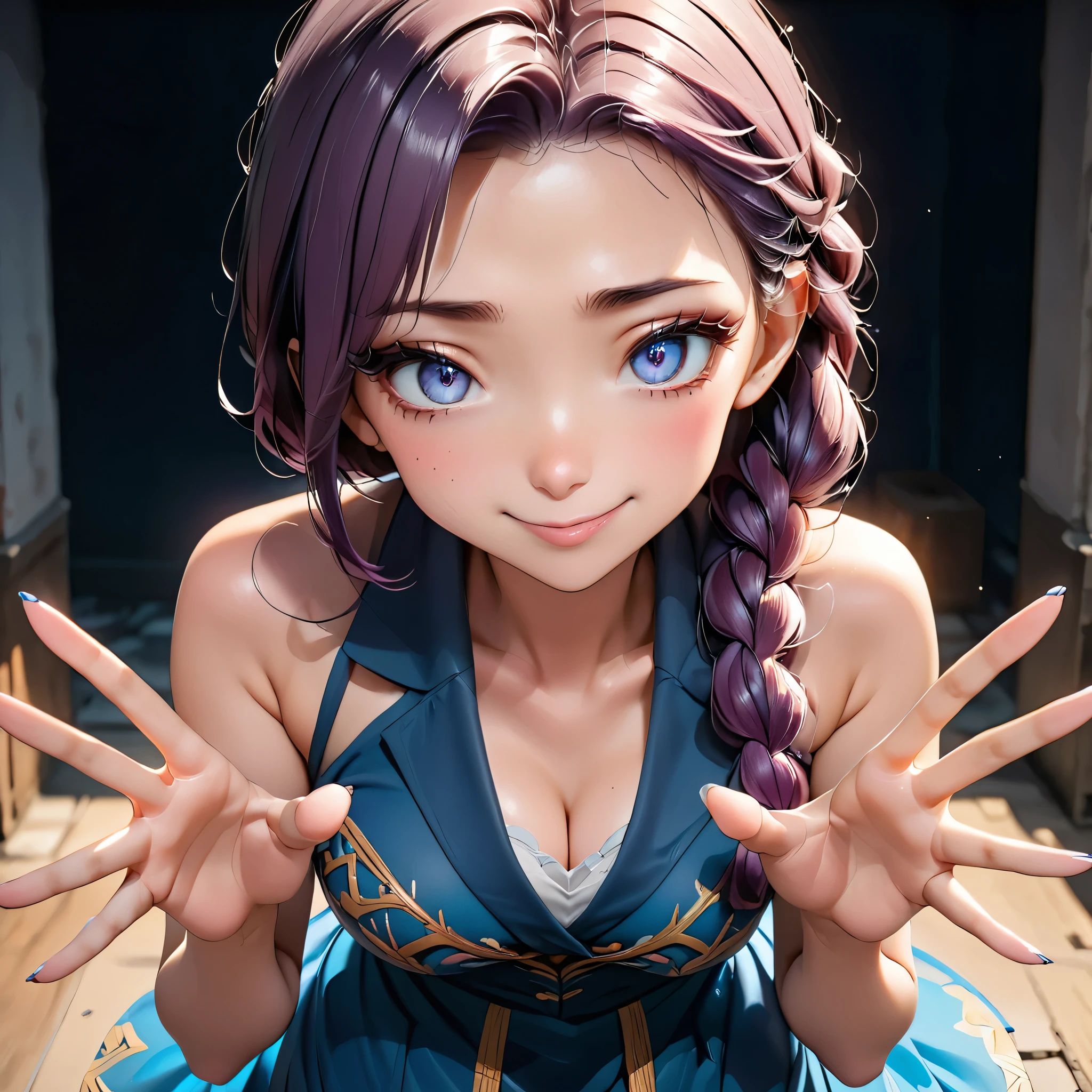 Masterpiece, 4K, HDR, full HD, (best quality), (ultra detailed), (only), intricate ANIME TYPE, best quality, 1girl, ((deep purple hair)) , hyper beautiful face, purple hair, perfect anatomy, shiny skin, full body, alone, long hair, looking at viewer, perfect hands, perfect legs, super detailed clothes, intricate clothes, hyper detailed cloths, super detailed face, super detailed skin, super detailed quality, expressive eyes, blue eyes, super detailed eyes, JK, epngekatsuragimisato ,  SDXL Illustration Design Pretty Girl Two-dimensional Pretty Girl Digital Painting Comic Ukiyo-e Watercolor Manga Other,ROUGH, smile, blushing, dynamic pose, American shot, cowboy shot, portrait quality, super detailed hands, super detailed fingers, very beautiful fingers, very beautiful hands, The image created is 3/4 of the body, bright blue lipstick, standing facing the viewer, stylized fingers, detailed female fingers, standing in front of the viewer, leaning towards the viewer in a sensual way, V-neckline, tongue out,, ElsaXPLcleavage, blue dress, single braid over shoulder, 