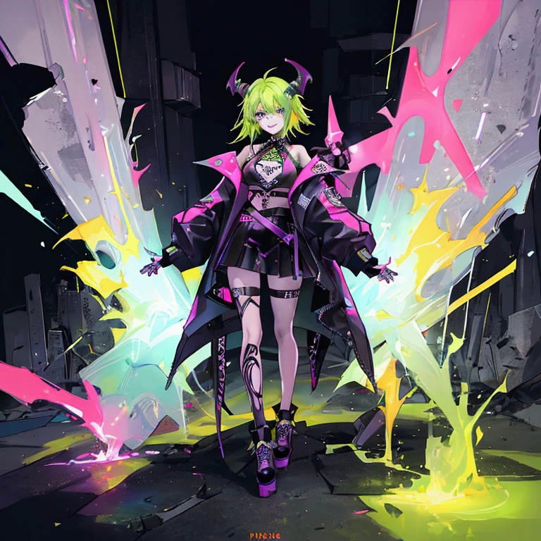 Woman, 20 years old, ghost, punk clothes, punk colors, demonic. Neon green hair, neon purple eyes, neon pink, blue and orange clothes, neon yellow skin. Cocky, malicious smile, dark clearance.