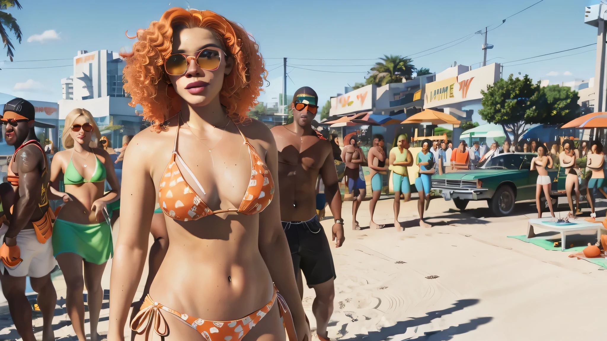 Visualize an ambitious actress model reporter wearing bikini, with a camera slung over their shoulder, curly 1girl,standing on a busy Los Santos street, ready to capture the latest scoop.., official art, masterpiece, best quality, unity 8k wallpaper, ((photorealistic0.8)), ultra detailed, extremely detailed, elegant, aesthetic, (((orange sunshine)))style of  gta689 