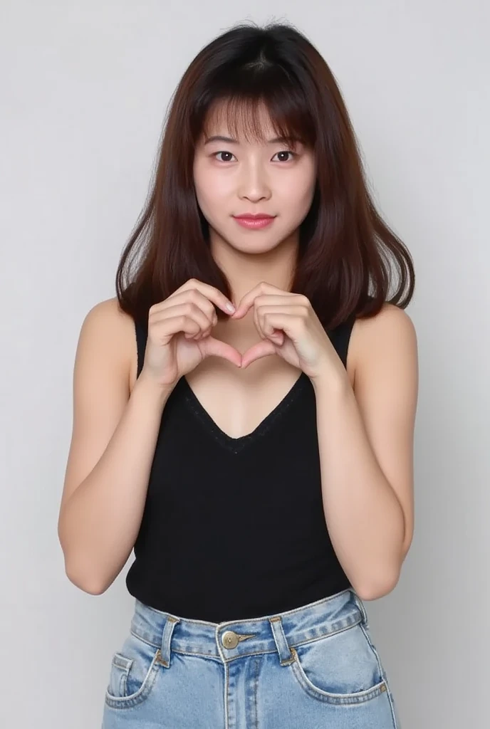  she is in an attractive camisole,  in front of your chest and make a big heart shape with both hands, Hold ,  cute smile up、Monotone background

