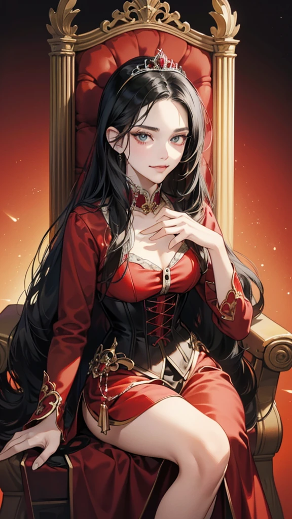 A composed white woman, mature, black hair, elegant mafia boss, dressed in a full composed dark red gown that covers her entire body, ruthless expression with a smile on face, opulent home settings, modern mafia home background. SFW image.