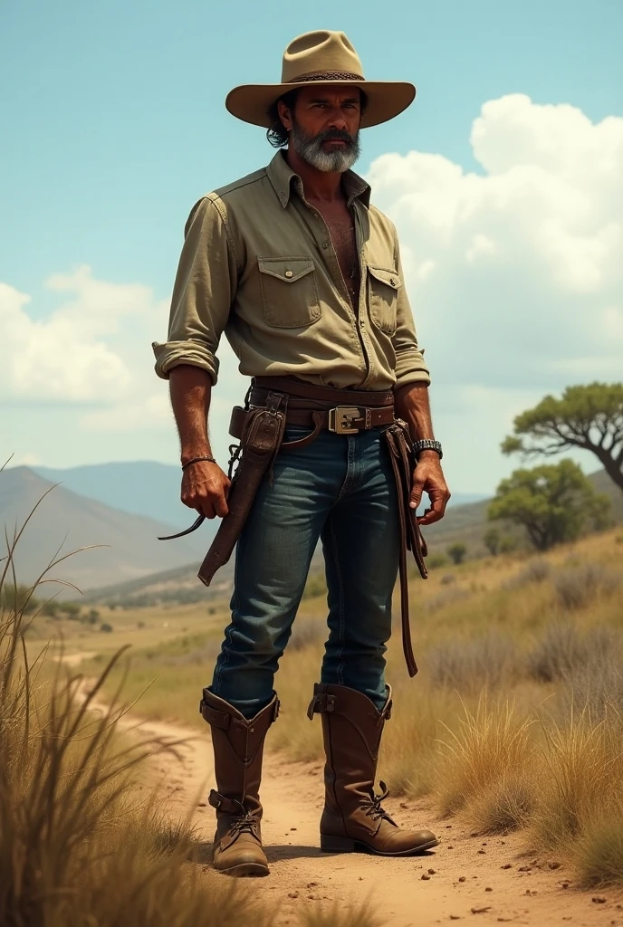 Appearance: Zé Vaqueiro is often described as a man with a firm bearing, wearing typical cowboy clothes, like leather hat, gibbon, leggings and boots. He can also carry a lasso, whip or a cattleman's leash. Personalidade: It's a strong spirit, Coraggioso, hardworking and fearless. Its energy is associated with resistance, to the struggle and overcoming of the difficulties of the backlands. He is respected for his wisdom and ability to deal with life's challenges.. Spiritual Attributions: Zé Vaqueiro is known for being the protector of rural workers, especially cowboys and farmers. He is also invoked to help cure illnesses., in protection against witchcraft, and to bring strength in times of difficulty. a young man with a brown leather vest and a leather whip in his hand