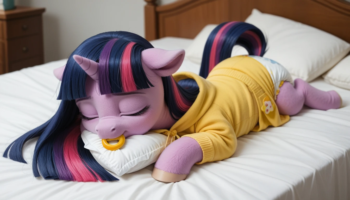 score_9, score_8_up, score_7_up, feral, pony, pale grey body, pinkiepie, purple hair, gradient hair, green eyes, anatomically correct, feral anatomy, good anatomy, (depth of field), muted colors, extremely high quality RAW photograph, medum-angle shot, on_bed, high_res, sleep on side, sleeping, sleep, three-quarter view,