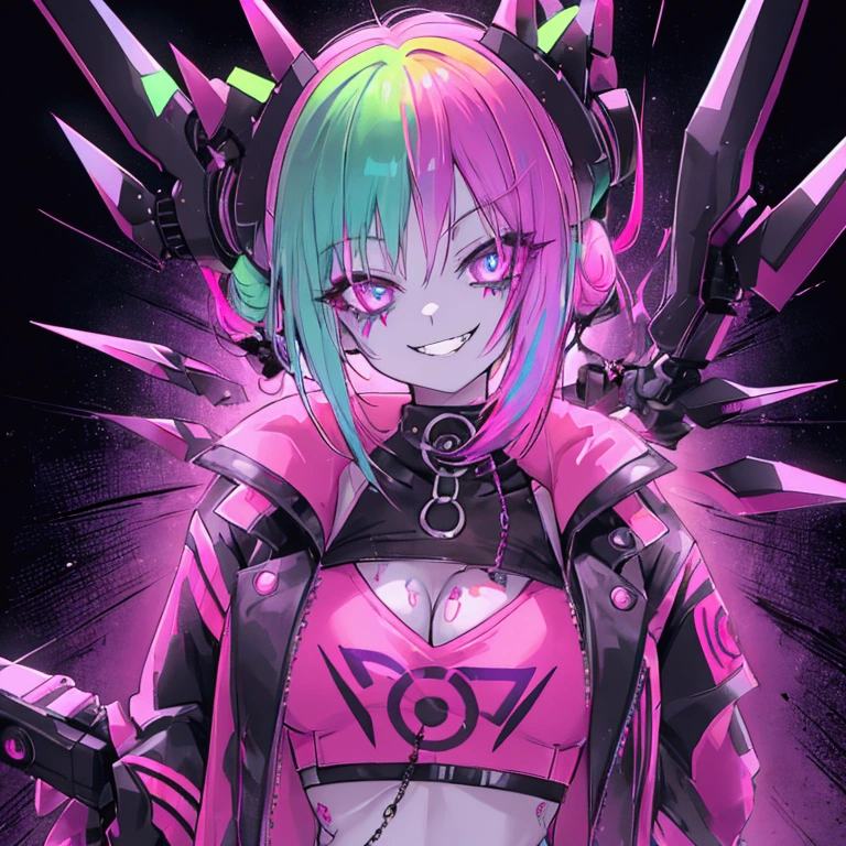 Woman, 20 years old, ghost, punk clothes, punk colors, demonic. Neon green hair, neon purple eyes, neon pink, blue and orange clothes, neon yellow skin. Cocky, malicious smile, dark clearance.