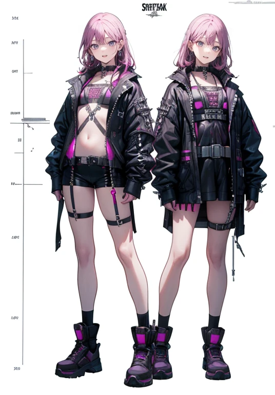 ( cyberpunk),((Gothic Punk))Adult women, Alone, smile,  open your mouth slightly , (Long Hair),  purple eyes, Pink Eyes, (( body harness )), oversized jacket ,Simple white background,  character portraits from Marvel Comics, Setting diagram, ( simple white background),((full body))