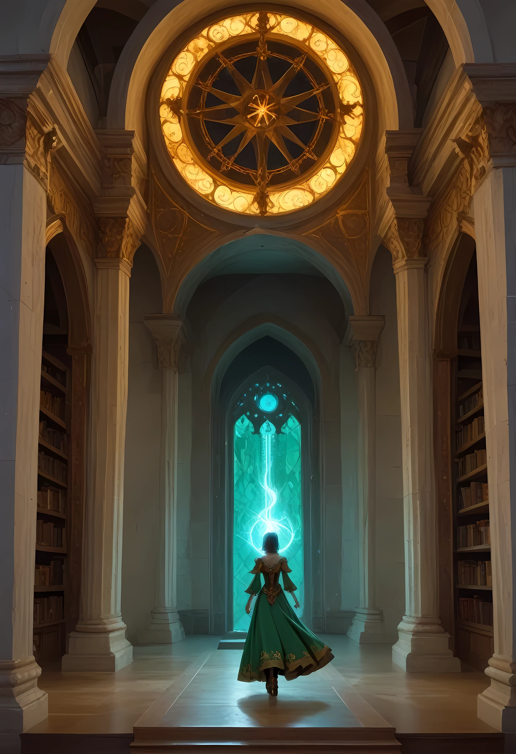 score_9, score_8_up, score_7, a picture of a human sorceress sittings in her magical lab, opening a  large (magical doorway: 1.4), with magical runes on it, looking into the (heavens: 1.3), epic beautiful human woman (best details, Masterpiece, best quality), ultra detailed face (best details, Masterpiece, best quality), black hair, short hair, green eyes, dynamic dress (best details, Masterpiece, best quality), magical library, the magical doorway opens into the heavens and you can see angels flying, glowing arcane sigils  high details, best quality, 16k, [best detailed], masterpiece, best quality, (extremely detailed), a view from the rear (best details, Masterpiece, best quality), photorealistic, fantasy art, RPG art, GlowingRunes_paleblue, GlowingRunes_yellow, fantasy magical library background (best details, Masterpiece, best quality)