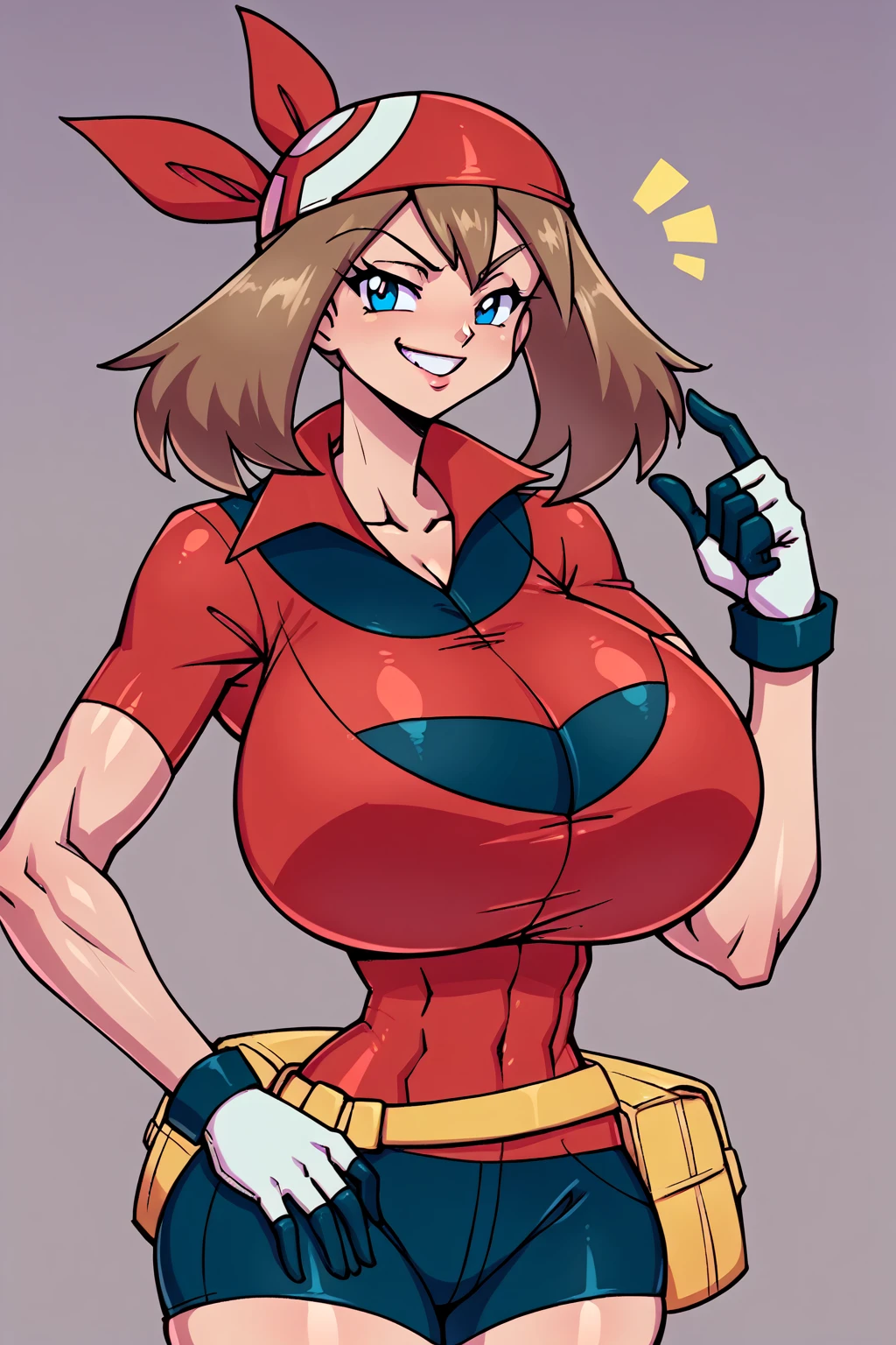 score_9, score_8_up, score_7_up, BREAK, anime style, MayPXL, blue eyes, brown hair, short hair, red bandana, red shirt, short sleeves, gloves, black shorts, torso, smug smile, gigantic bust, toned, strong, bimbo body, 