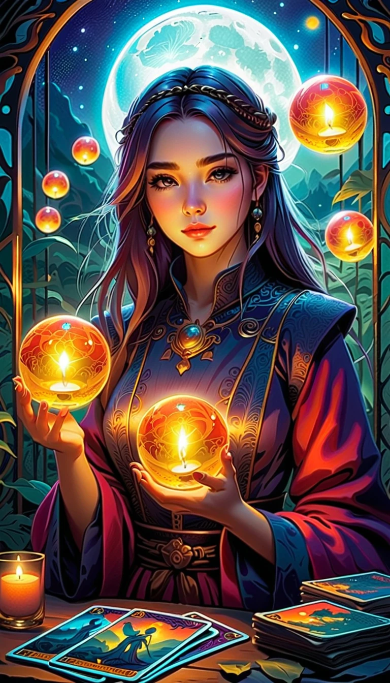 tarot cards:  anime girl, saturated colors,mysterious,,masterpiece,лучший masterpiece,light and shadow,calm colors, fantasy, темное fantasy, Rendering