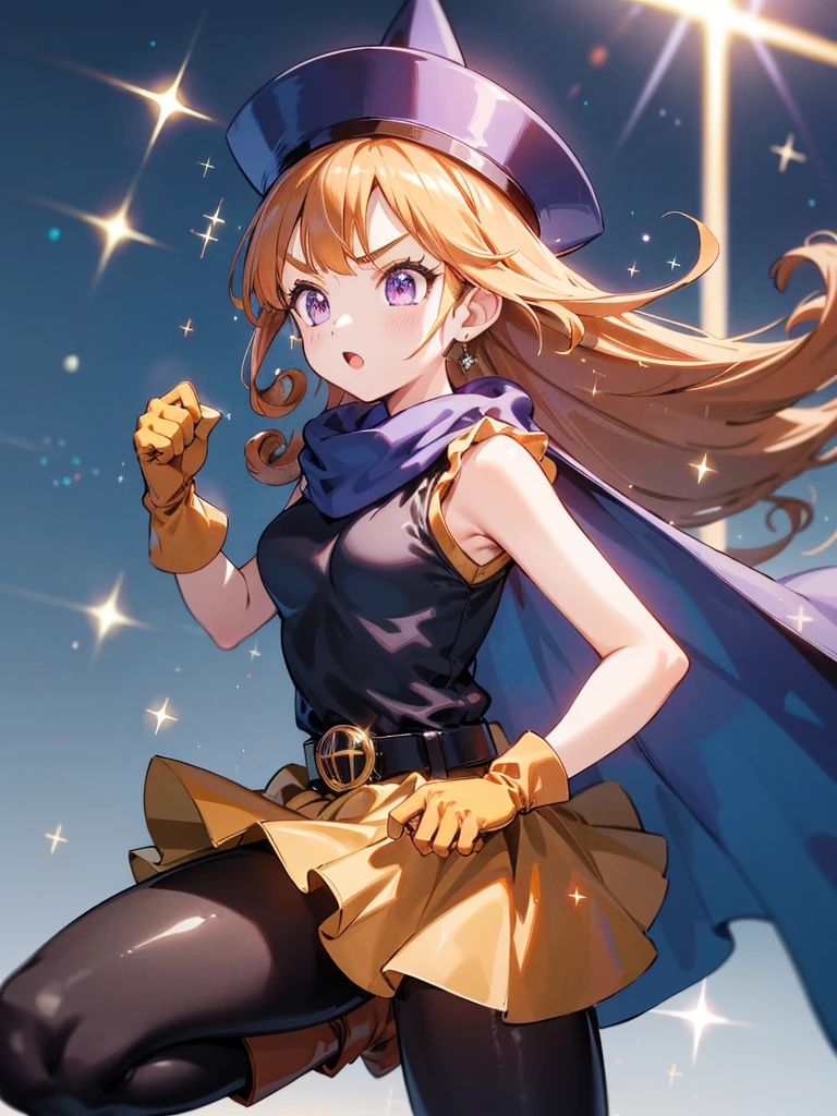  1 girl,Alone,dq4-Arena,Long Hair,Purple eyes, orange hair, sleeveless, black pantyhose ,Yellow Dress, yellow skirt,belt,Cape, curly hair ,Gloves, dynamic pose ,Small breasts, blue headwear,  boots,(Sparkling,Sparkling dress:1.1)jumping,V-shaped eyebrows,Clear skies, (masterpiece), (Best Quality), (Super detailed),  intricate details,, (masterpiece), (Best Quality), (Super detailed),  intricate details,