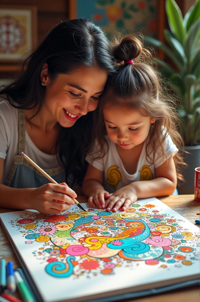 happy girl, with her family, sitting coloring a princess drawing, bright colors to inspire creativity and learning.