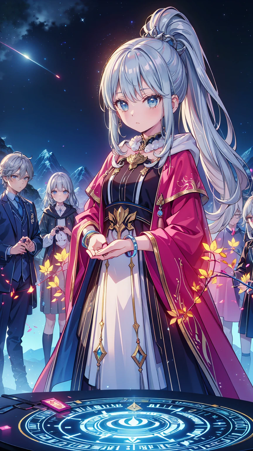 ((8k, Best Quality,  Masterpiece」: 1.3)),Super high resolution,( 1 girl, Alone), (Color changing eyes,  Long Brown Wavy Hair , Expressive brilliance,  glitter,  glowing eyes),  super detailed eyes ,  super detailed faces on a mountain road at night,  random hair , (( silver gray )), ,  A silver-haired woman wearing a long cloak and a hood embroidered with silver thread performing a magical ceremony, Starry sky and twinkling stars 々Against the backdrop of.  she stands in the center of a magic circle ,  silver bracelet shines on her wrist .  The magical light that surrounds it blends with the starlight .  her silver hair is wrapped in a ponytail 、 illuminated by starlight ,  and her skin is clear and shining .  her eyes are starry blue ,  and her eyes ,  filled with magical power ,  showing the seriousness of the mystical ceremony .  the figure of the woman performing the ceremony is solemn ,  and she is depicted as being one with the background of the starry sky ,  A highly detailed CG Unity character wearing a .
