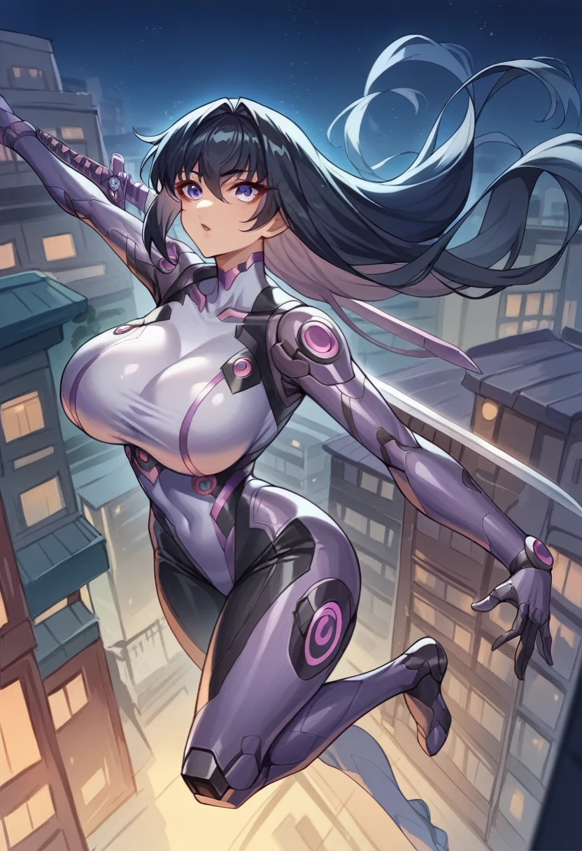 Shinobi Asagi ,Asagii River、  Long Black Hair、Big Breasts,Purple Taimanin Suit, Futuristic downtown details at night 、( A beautifully detailed futuristic city:1.5)、Jump、Night views of many detailed buildings 、 sword、 high definition、(Floating in the air:1.5)、Looking up at the sky、 Watch Viewers 、(Night view of the building:1.5)、Camera angle from above、