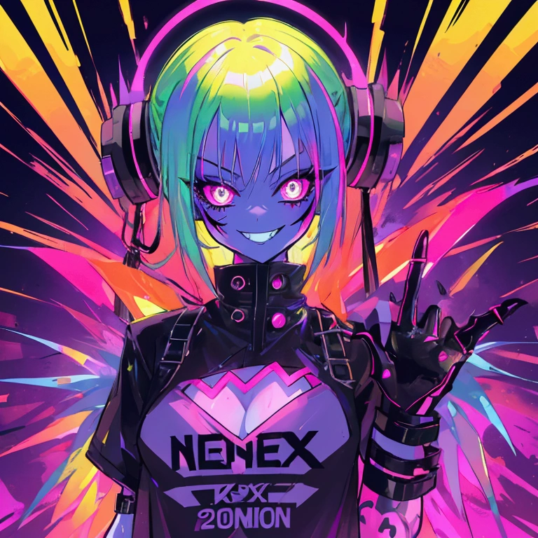 Woman, 20 years old, ghost, punk clothes, punk colors, demonic. Neon green hair, neon purple eyes, neon pink, blue and orange clothes, neon yellow skin. Cocky, malicious smile, dark clearance.