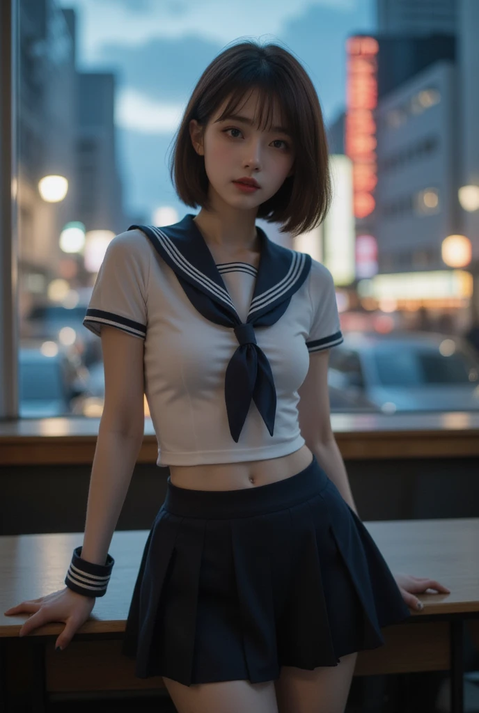 Highest quality、High resolution、Detailed Background、Realistic、RAW Photos、(Beautiful face in every detail:1.4)、Anatomically correct、Normal number of fingers、Highly detailed face、Detailed eyes、Teenage beauty、Huge breasts、Perfect body line、Braided bob cut、ponytail、cute髪型、well-groomed eyebrows、Shiny navy blue sailor suit、White sailor collar、Checkered pleated mini skirt、White Pantyhose、Accentuate your breasts、Accentuate your cleavage、Show your side、(Underboob:1.2)、cute仕草、
(A girl on a train looking at you with a troubled expression:1.5)、
(Skirt lifted for a close-up:1.5)、Panty Shot、cute