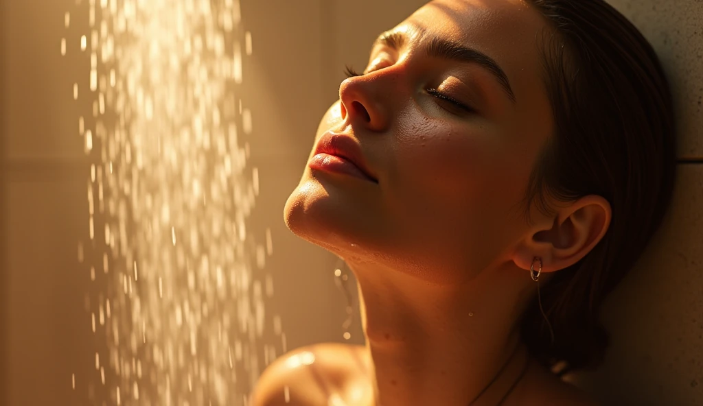 cute woman taking shower,water droplets dripping off her skin,eyes closed in enjoyment,warm water streaming down her body,steamy bathroom,relaxation,refreshing,shower gel scent,,beautifully tiled shower,soft,blurred background,dreamy lighting