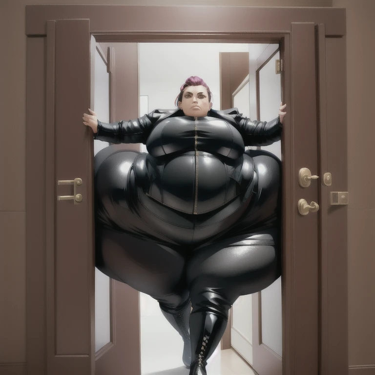 masterpiece, 1girl behind a doorway, from front, (doorstuck, stuckfront:1.3), huge wide round hips,  thick thighs, huge round butt, big belly, colorful clothing, wearing leather leggings, leather biker boots, a leather corset and a leather jacket, upset 