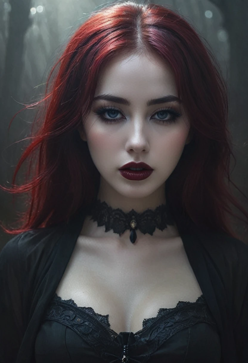 aa portrait of vampire with a bloody tear coming down from he eye, an exotic beautiful female vampire, dynamic hair color hair color, dynamic hair style, ultra detailed face, best detailed face, silver eye color, ((1single red teardrop: 1.3)), ((tear drop made from blood)), ((teardrop coming down from the eye: 1.3)), small cleavage, wearing two black diamond earrings, Ultra-high resolution, High Contrast, (masterpiece:1.5), highest quality, Best aesthetics), 16K fantasy art, best details, best quality, highres, (ultra wide angle: 1.2), 16k, [ultra detailed], masterpiece, best quality, (extremely detailed), ladyshadow, magical sky, crying style, vampire teeth