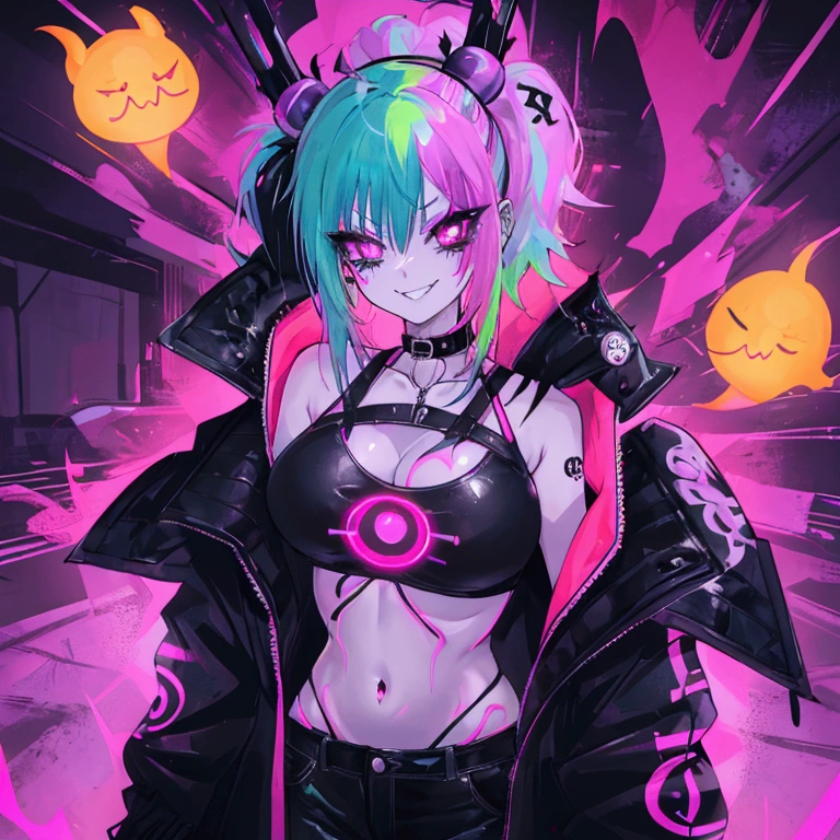 Woman, 20 years old, ghost, punk clothes, punk colors, demonic. Neon green hair, neon purple eyes, neon pink, blue and orange clothes, neon YELLOW SKIN. Cocky, malicious smile, dark clearance.