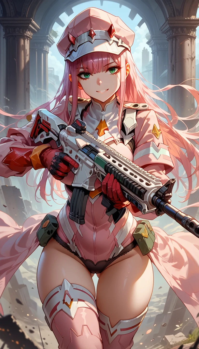 ultra-detailed, 1girl, solo, zero_two_\(darling_in_the_franxx\), (masterpiece)), (best quality), (highres), 16K, pink_hair, horns, white_hairband, green_eyes, bangs, peaked cap, wearing tactical clothes, wearing black panties, wearing thigh boots, busty body, large breasts and a beautiful ass, showcasing cleavage, legs, hips, holding weapon, holding assault rifle, looking at viewer, smile, detailed full body, thigh details, ruins background