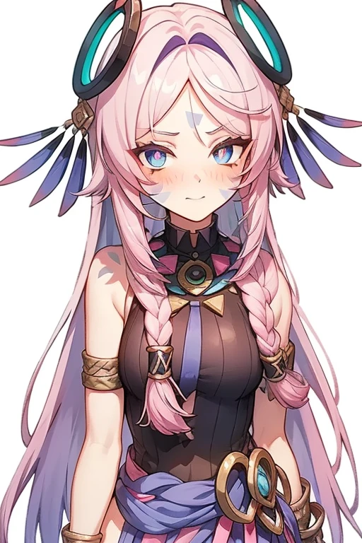 1girl, solo,citlali,(masterpiece, best quality:1.2),cowboy shot,pink hair,parted bangs,very long hair,hair down,braids,hair ornament,facial Mark,blue eyes,pink pupils,tribal clothes,waistcloth,glowing eyes,blush,beautiful detailed,hyper detail,masterpiece,best quality,bright,hair ornament,facial Mark,citlali,white background