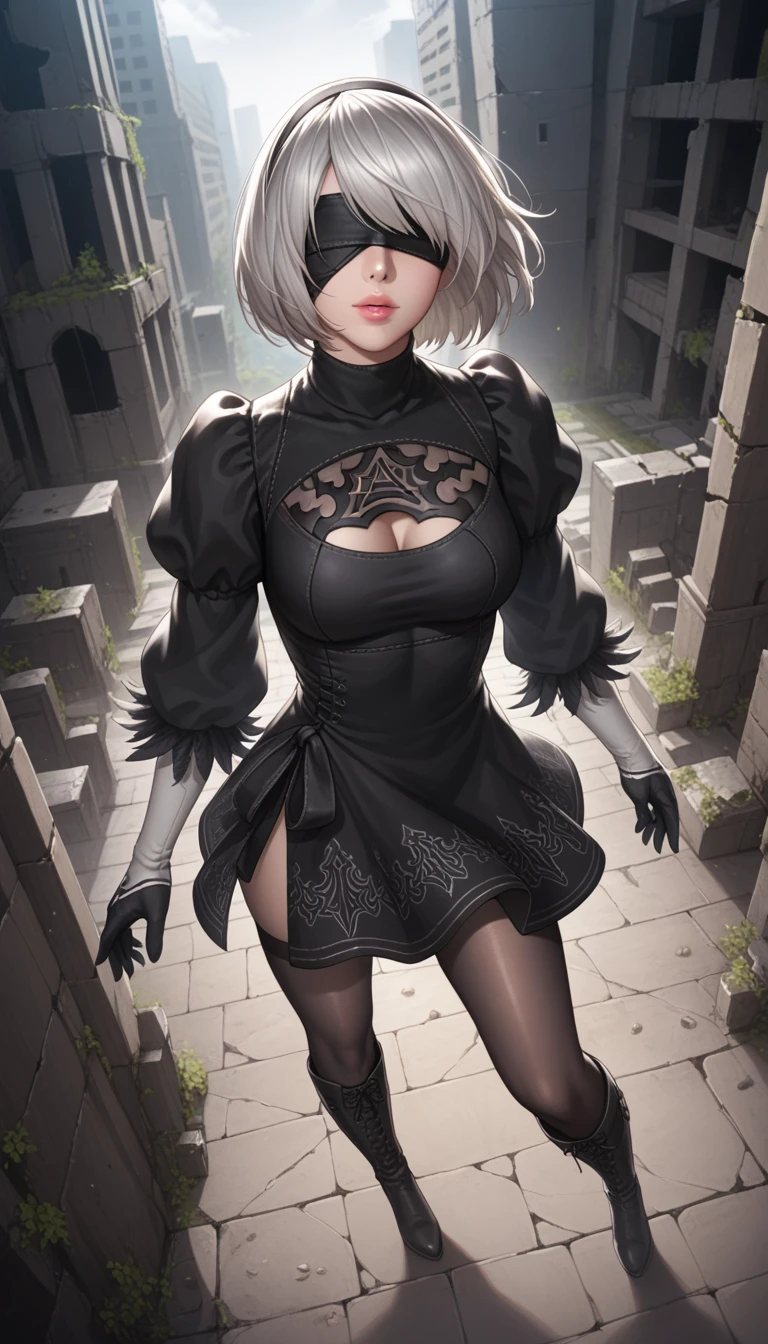 score_9, score_8_above, score_7_above, 32 mil,masterpiece,   of the highest quality, 
 realistic photo ,  vibrant colors ,  Light-Dark Lighting ,   with cannabis theme ,
1 woman,  inspired by Nier Automata 2B,
bob cut, Gray hair, fringe , birthmark below the mouth, blindfold, pink lips, 
black dress 2B , deep neckline, skirt,  tights under boots ,
ruins, Um mundo em ruins, devastated cities, 
Picturesque,  stunning landscape ,  Fantastic night sky ,
seductive pose,  dramatic angle ,