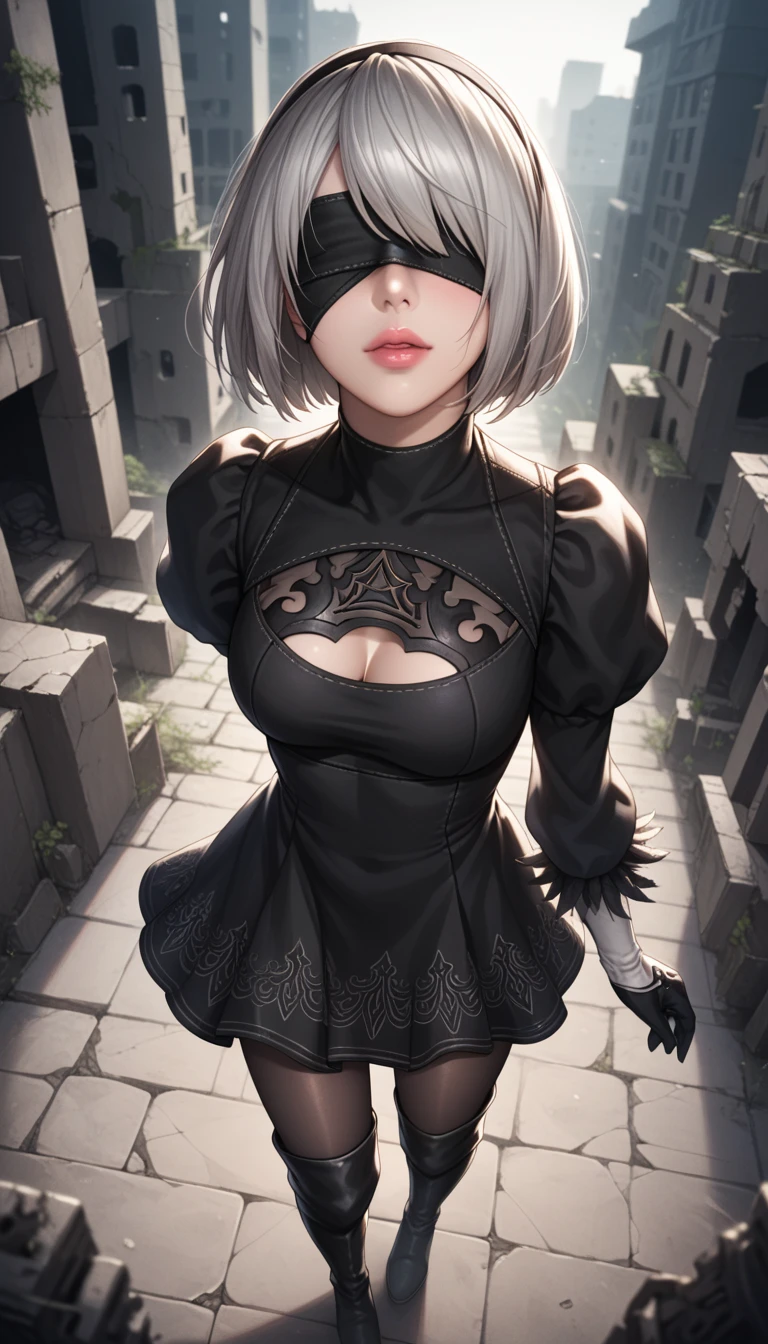 score_9, score_8_above, score_7_above, 32 mil,masterpiece,   of the highest quality, 
 realistic photo ,  vibrant colors ,  Light-Dark Lighting ,   with cannabis theme ,
1 woman,  inspired by Nier Automata 2B,
bob cut, Gray hair, fringe , birthmark below the mouth, blindfold, pink lips, 
black dress 2B , deep neckline, skirt,  tights under boots ,
ruins, Um mundo em ruins, devastated cities, 
Picturesque,  stunning landscape ,  Fantastic night sky ,
seductive pose,  dramatic angle ,