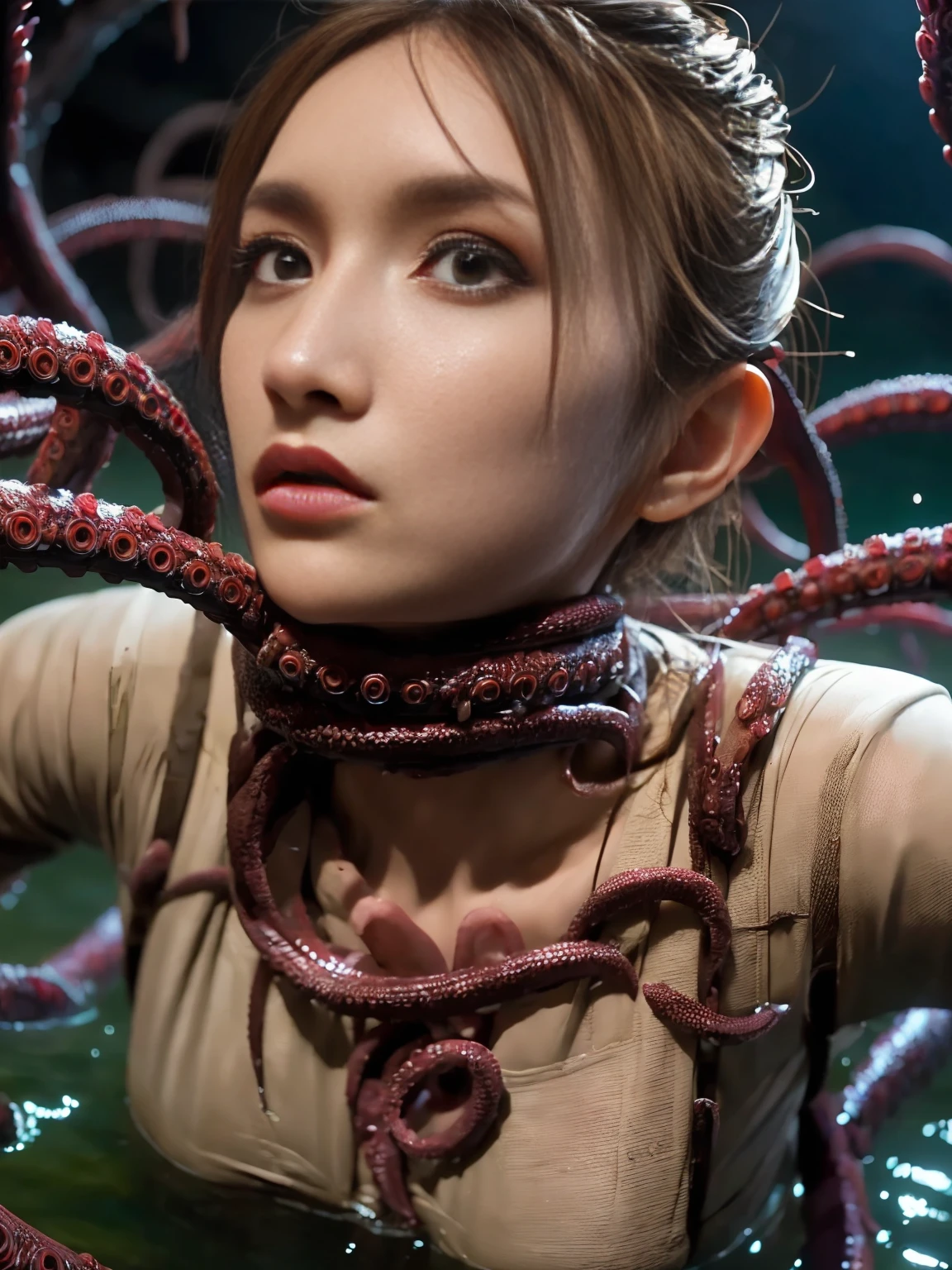 (8k, RAW photo, highest quality, masterpiece:1.2), (realistic, photorealistic), scary tentacles covering the whole body, countless tentacles entwining, tentacles binding the body, tentacles stabbing the groin, scary facial expression, skeletal correct, sweaty body , nsfw, perfect anatomy, highest quality, super high resolution, photorealistic, super detailed, super sharp, photorealistic, cinematic lighting, masterpiece, exquisite details, sharp focus, stunning composition, vibrant colors, physically based rendering, global illumination, professional photography, full body shot, slender sexy body, natural makeup, realistic breasts, natural detailed textured skin, detailed textured clothes, detailed beautiful face, detailed eyes, beautiful mouth, textured shiny skin, (Sexual convulsions), (Orgasm shudders), (Shock line effect), face in agony of orgasm, suffering in the height of sexual pleasure, cute face, detailed eyes, detailed face, beautiful face, perfect anatomy, best quality, goto maki, pokies nipples, tentacles sex, tentacle insert sex, Black sky, ominous night, at the bottom of a deep hole, drowning in a swamp. Danger. The surrounding forest is dense, casting a strange shadow on the ground. Impending doom. Hiding behind heavy black clouds. slender body, medium breasts, pokies nipples, . Her hair is disheveled, her face and clothes are smeared with mud. bottomless, shows off pubic hair ,White T-shirt, whole body very dirty with mud. The girl has a young and pretty face, she finds herself trapped in a dark and hostile environment with no hope of escape, she is surrounded by tentacles on her chest The girl is caressed, a tentacle penetrates her vagina, she has an orgasmic expression due to the abnormal sexual pleasure, the tentacles tie up the girl's wrists, the tentacles tie up the girl's ankles, A girl is tied by her wrists and hung from the ceiling,  Maki Goto,