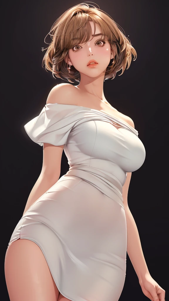 (（（figure，御姐figure,White and tender skin,（（（red hip wrap dress，Short sleeve，Off Shoulder，）））,(（（Soridef，brown eyes，brown hair，short hair,））),，((masterpiece)), highres icon,((Best quality at best)),masterpiece,quality,Best quality,(（（  to the audience,Light in the eyes）））,Huge breasts,苗条figure, Black background，Bend over close to the camera，From below）））