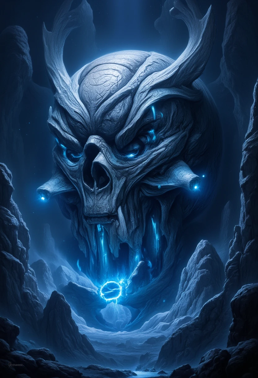 score_9, score_8_up, score_7, a picture of a an epic skull built into a mountain, the skull mouth shines as you can see blue light, and hand bids you to come, it is night time, stars in the sky, photorealistic, fantasy art, RPG art, GlowingRunes_paleblue, 