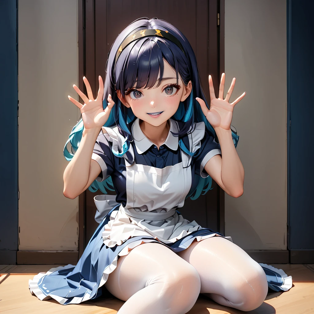 arafed woman in a blue dress holding a pair of scissors, Anime girl cosplay, photorealistic anime, hyper realistic anime, Surrealism female students, Surrealism female students, the anime girl is crouching, Anime girl in real life, Realistic anime 3 d style, seductive anime girls, small curvaceous , Loliime moe art style