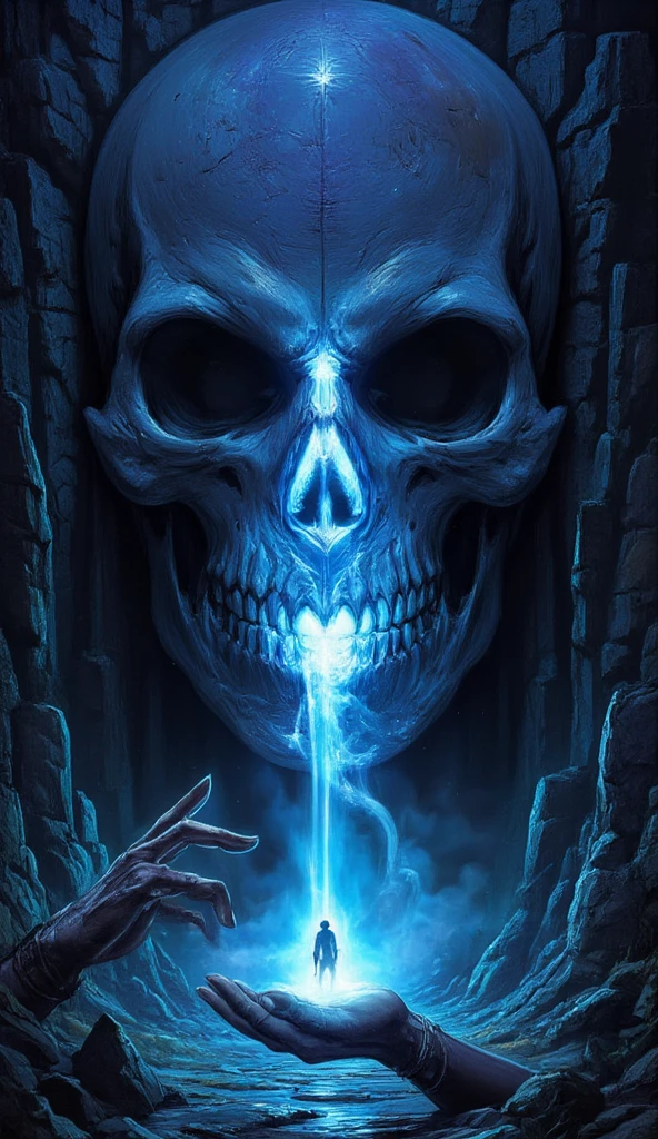 score_9, score_8_up, score_7, a picture of a an epic skull built into a mountain, the skull mouth shines as you can see blue light, and hand bids you to come, it is night time, stars in the sky, photorealistic, fantasy art, RPG art, GlowingRunes_paleblue, 